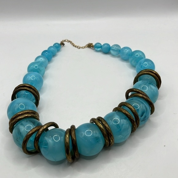 Large Bubble Necklace with Copper Circles! Big Bold Clear Blue Ball 20” Necklace - Picture 3 of 13